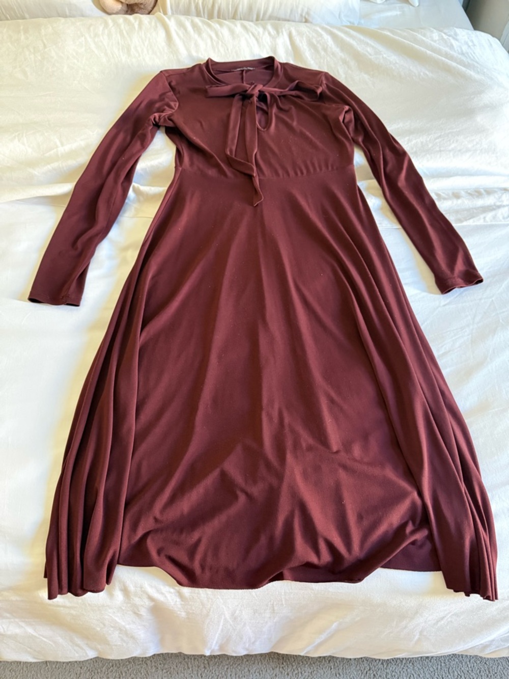 Zara Burgundy Tie-Neck Long Sleeve Midi Dress